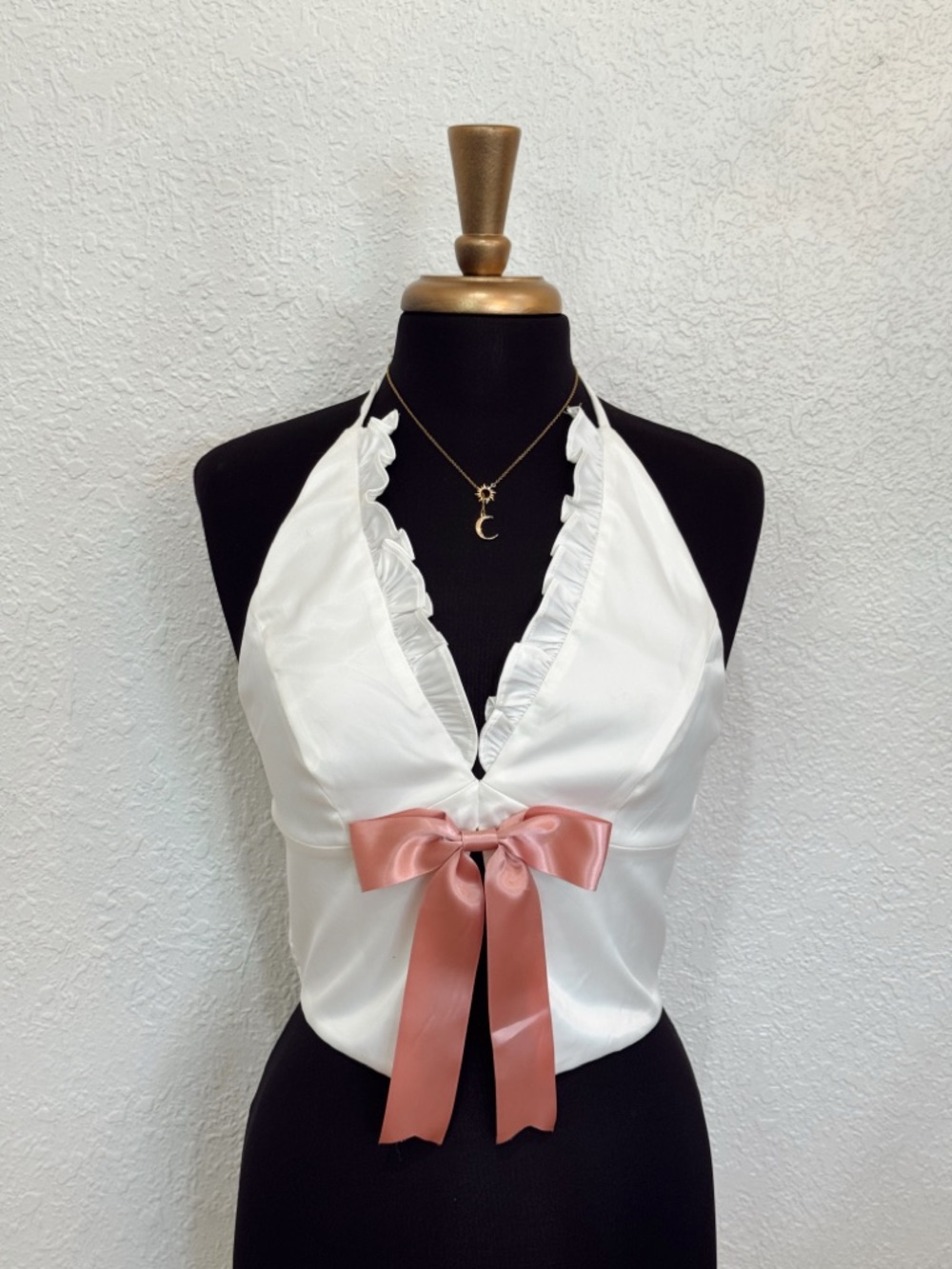 Pretty Damage Ivory Satin Ruffle Halter Top